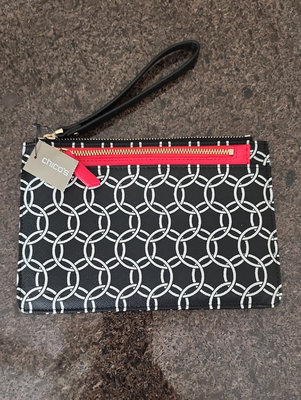 NWT Chico's Black & White Chain-Print Wristlet with Bonus Red Pouch (EB3)